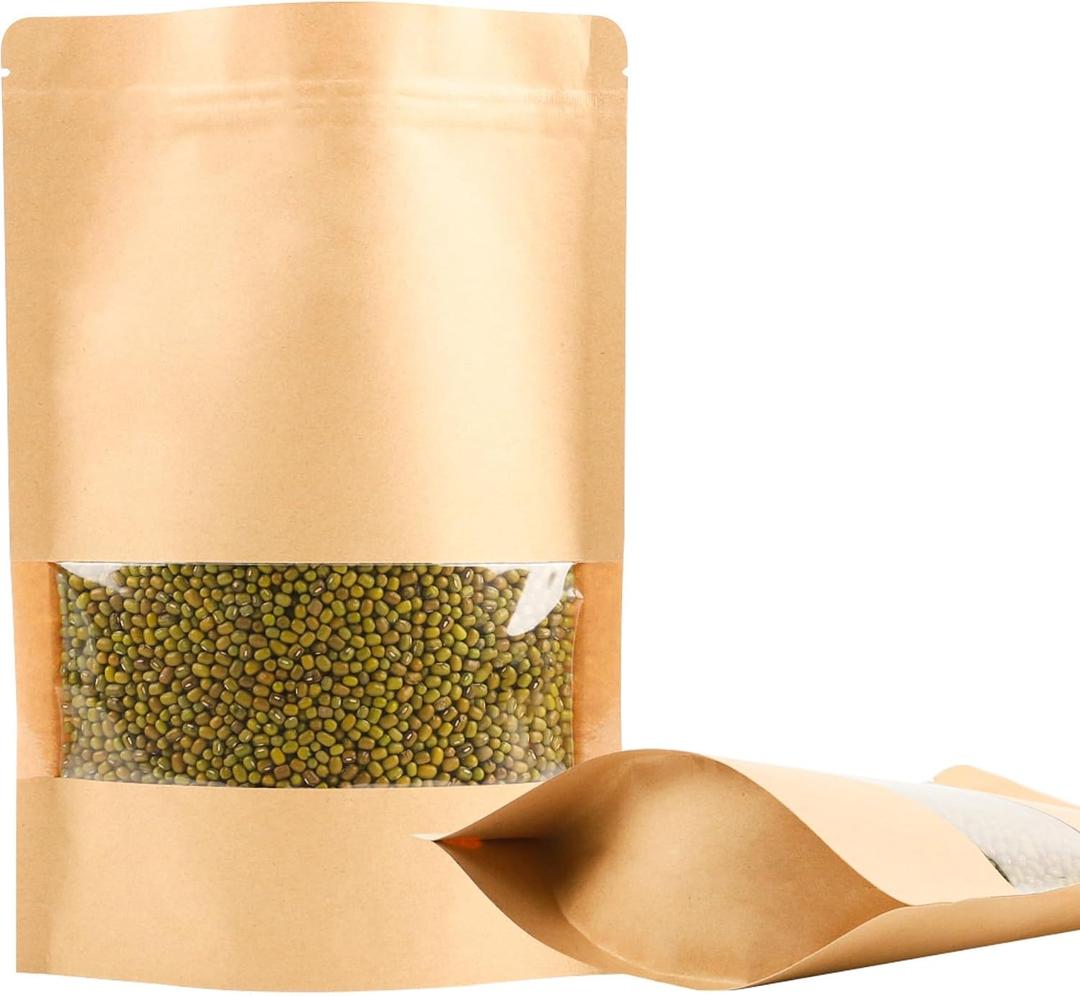 100PCS Resealable Bags for Food Storage, Self Stand Treat Bag Reusable for Candy, Cookie, Kraft Paper Bags with Window, Heat Seal Paper Bags for Small Business(7.1" X 11"), 7.1"*11.0"