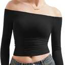 SUUKSESS Women Off Shoulder Double Lined Long Sleeve Shirts Basic Going Out Tops (Medium, Jet Black)