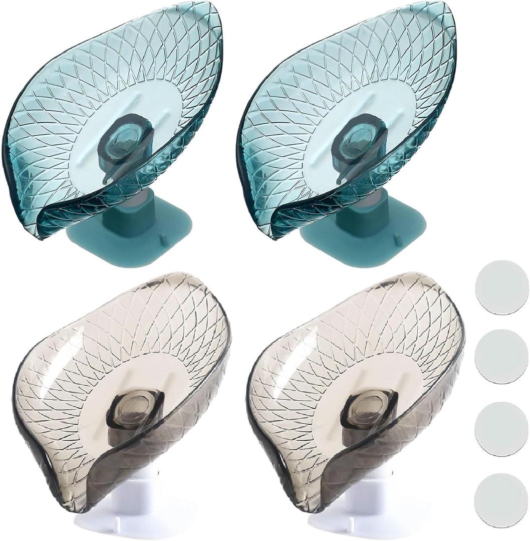 4 Pack Transparent Soap Dish Holder Bar Soap Holder Self Draining for Shower Leaf Shape Soap Holder Sponge Container with Enlarged Sucker Self-Draining to Keep Soap Dry (2Blue+ 2Grey)