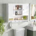 Keehusux 31.5" W Large Bathroom Wall Storage Cabinet with 2 Doors and 4 Hooks, Modern Medicine Cabinet with 3 Open Shelves, Wooden Wall Mounted Bathroom Cabinet for Kitchen, Living Room, White, 31.5"W x 7.9"D x 25.6"H