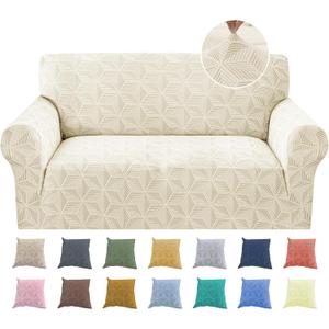 YEMYHOM 1 Piece Stretch Couch Covers for 2 Cushion Couch, Jacquard Loveseat Cover with Non-Slip Elastic Bottom, Thickened Slipcover Furniture Protector for Dogs Pets (Medium, Beige
