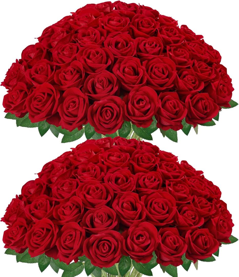 InnoGear 100 Pcs Red Roses Artificial Flowers, Fake Velvet Silk Rose Bulk Faux Flower for Decoration DIY Wedding Centerpieces Proposal Bridal Bouquets Shower Party Home Floral Decor (100, Red)
