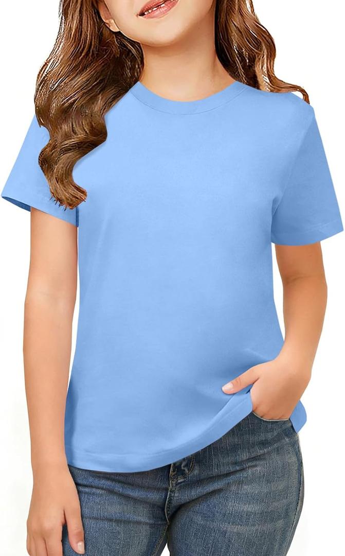 ZDC Girls Short Sleeve Shirts Crewneck T Shirts Kids Summer Tops Basic Tees 5-14 Years