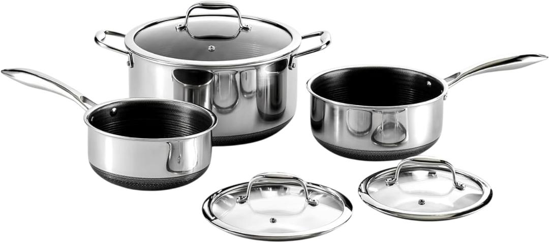 HexClad Hybrid Nonstick 6-Piece Pot Set, 2, 3, and 8-Quart Pots with Tempered Glass Lids, Stay-Cool Handles, Dishwasher-Friendly, Induction Ready, Compatible with All Cooktops