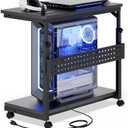 Computer Tower Stand with Power Strips, 4 Levels Manual Height Adjustable PC Tower Stand for Under Desk, Mobile Rolling CPU Holder, Computer Cart with Wheels, 24", Carbon Fiber Black