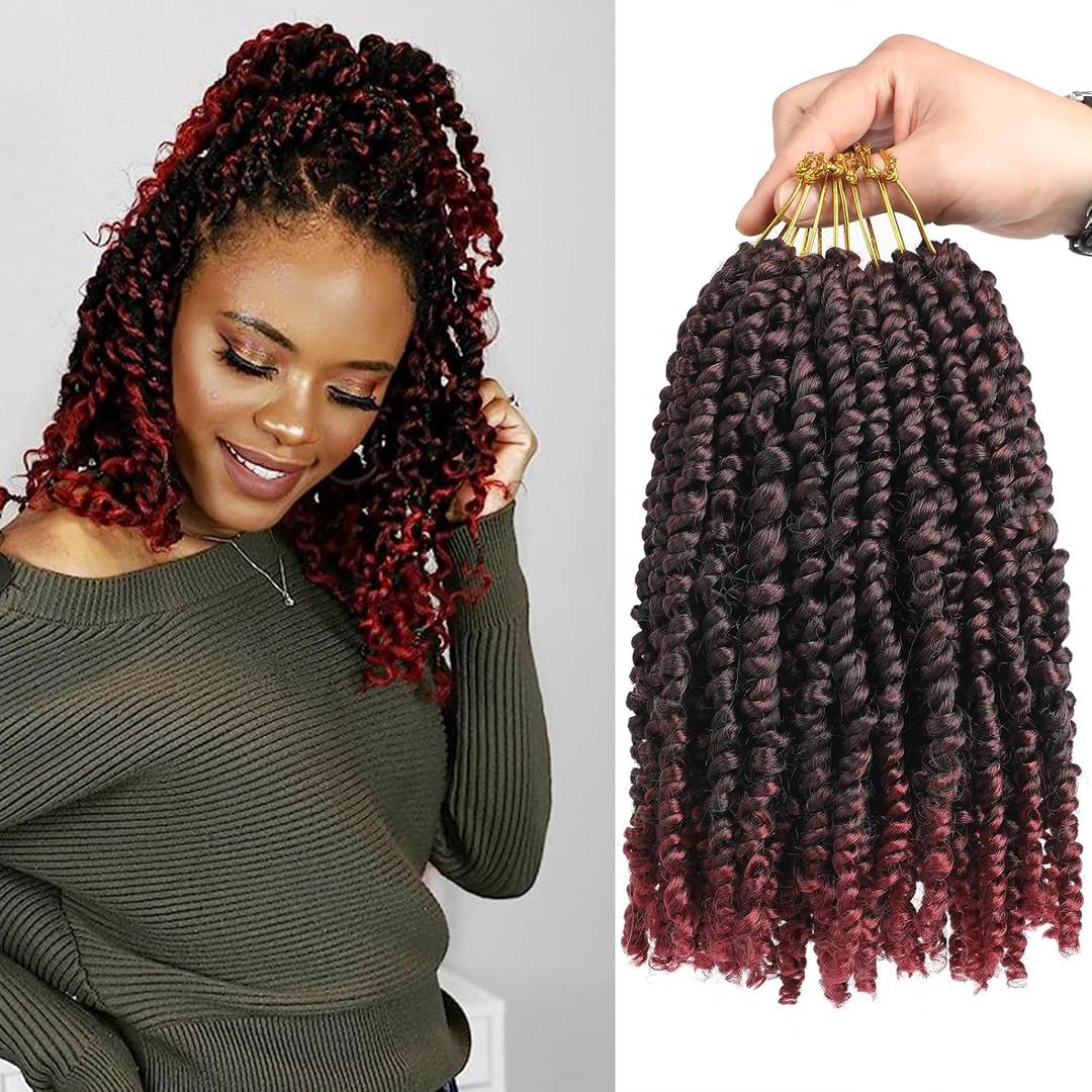 Pre-twisted Ombre Burgundy Passion Twist Hair 10 Inch 8 Packs Short Passion Twist Crochet Hair Bohemian Pre Looped Crochet Braids for Black Women Kids and Girls (10 Inch,T1B/Bug,8 Packs)