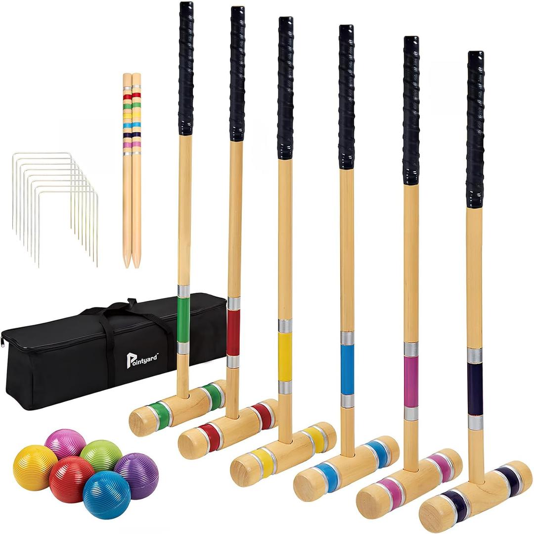 Pointyard 28" Croquet Set for 6 Players - Premium Wooden Mallets, Colored Balls & Carry Bag - Outdoor Games for Adults/Families at Lawn, Beach, Yard Game,Anti-Slip Handle (Natural Wood-with Grip Tape)