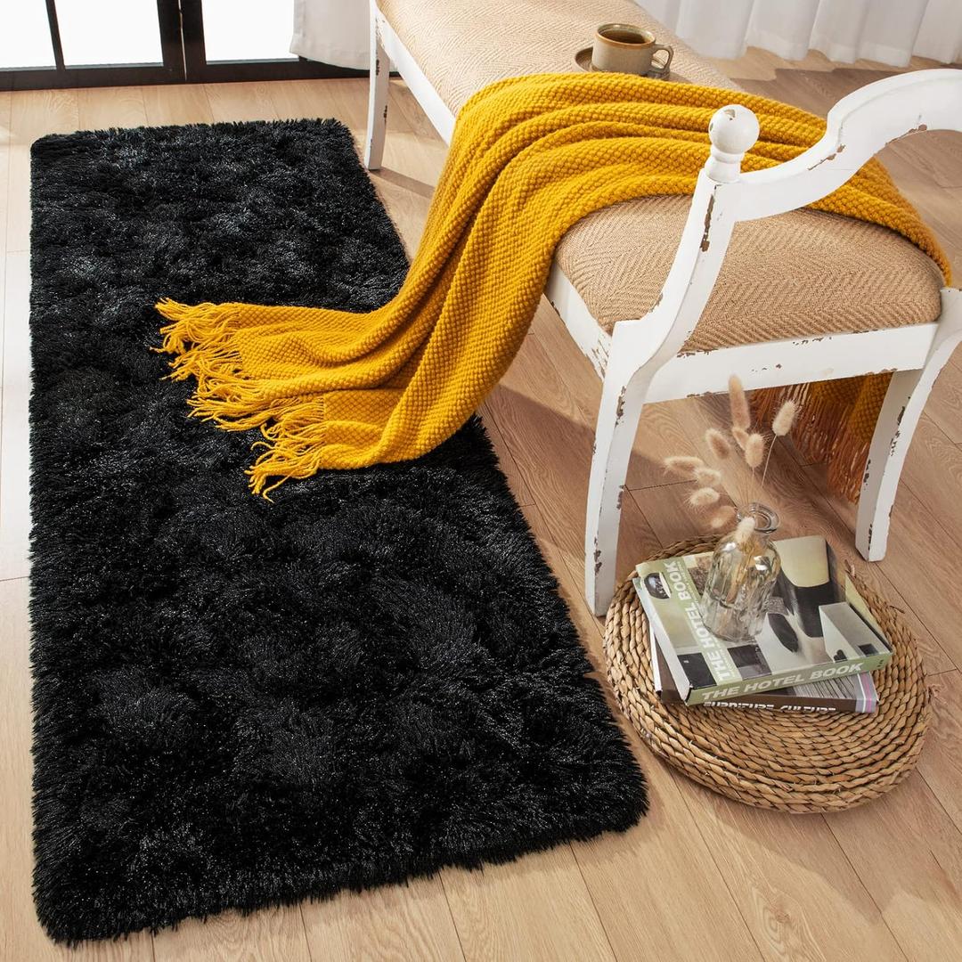 Runner Rug for Bedroom, 2x6 Soft Shag Fluffy Area Rugs for Girls Boy's Room, Plush Shaggy Carpet with Non-Slip Bottom for Living Room Dorm, Black