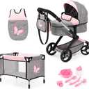 Bayer Design Dolls: Xeo Mega 10 Piece Set - Grey, Pink, Fairy - Pram, Bed, Handbag, Feeding & Care Accessories for Dolls Up to 18", Kids Toy, Ages 3+