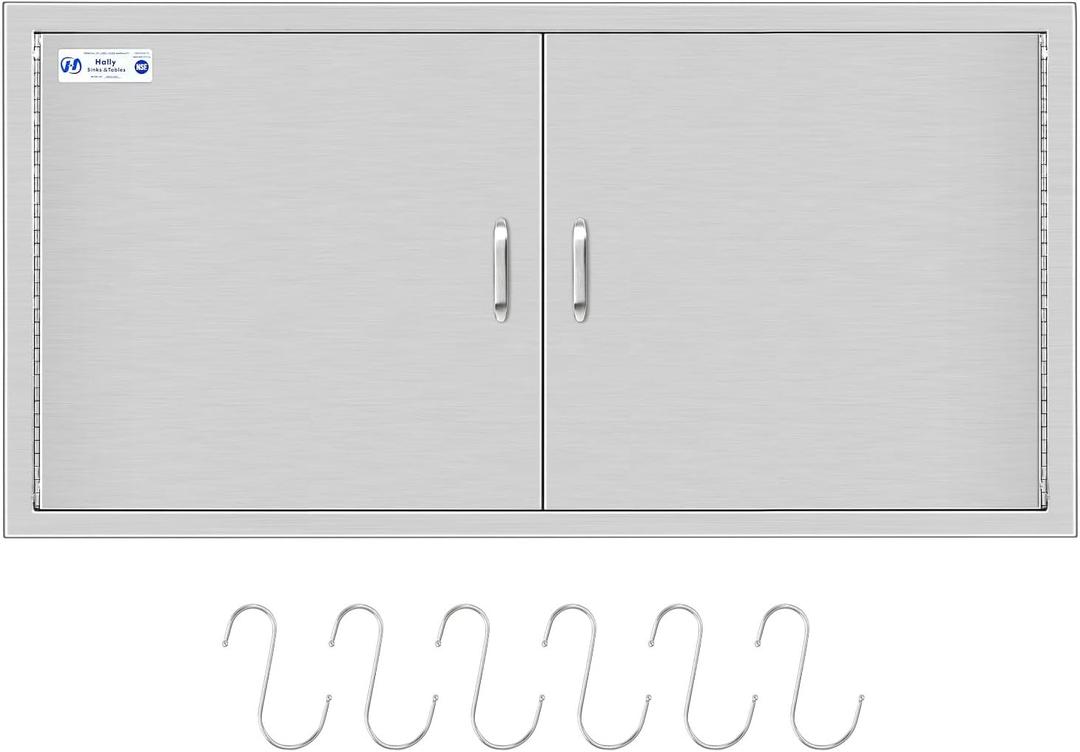 Hally BBQ Access Door 42" W x 21" H of 304 Stainless Steel Double Doors with 2 Detachable Handles and 6 Hooks, Outdoor Kitchen Doors for BBQ Island, Grilling Station, Outdoor Cabinet (42'' x 21'')