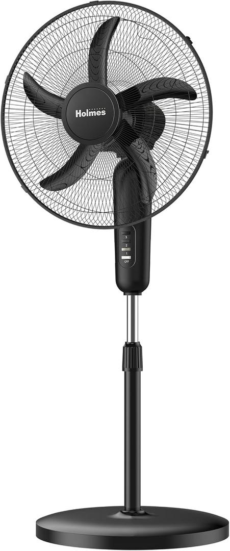HOLMES 18" Oscillating Stand Fan, 3 Speeds, Quiet Operation, Adjustable Height, 75 Oscillation, 25 Head Tilt, 5 Blades, Ideal for Home, Bedroom, Living Room, Office, Gym, and Kitchen - Black
