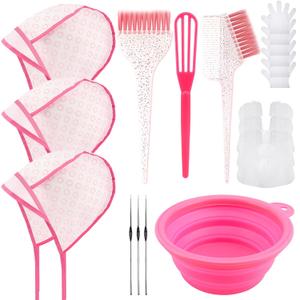 19PCS Hair Bleach Highlighting Kit with Hair Dye Brush and Bowl Set Color Whisk, Highlight Frosting Cap with Hook, Disposable Gloves Capes, Home Use Salon Tools for Hair Bleaching Coloring Dying (Pink)