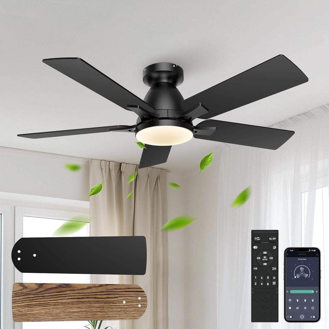 52 Inch Ceiling Fans with Lights and Remote Control, 6-Speed Quiet DC Motor, Reversible Blades, Dimmable LED Light (3CCT Adjustable), Modern Design for Bedroom, Living Room, Indoor Use - Black
