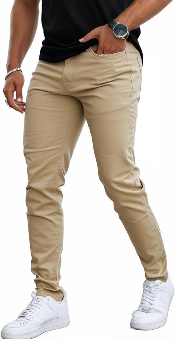 Mens Jeans Skinny Stretch Premium High Rise Colored Jeans Expandable Waist (Beige)