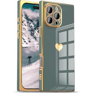 IAIYOXI Case for iPhone 16 - Rectangle Design, Full Camera Protection, Cute Heart Pattern, Electroplated Reinforced Corners, Shockproof Edge Bumper, Compatible with iPhone 16, Blue Gray