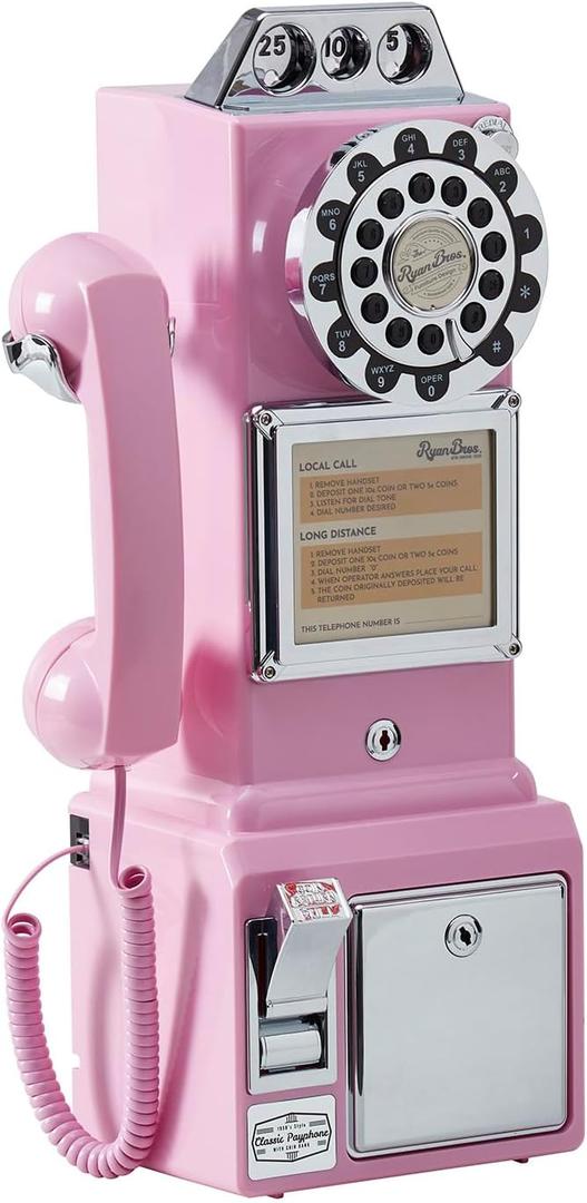 Ryan Bros. American Retro 1950's Payphone with Coin Bank Wall-Mount Corded Phone (Pink)