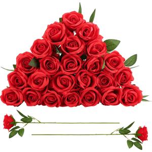 24 Pcs Red Rose Artificial Flowers with Long Stem Real Touch Silk Plastic Bouquet Red Roses Bulk for Wedding Party Table Centerpieces Festival Decorations