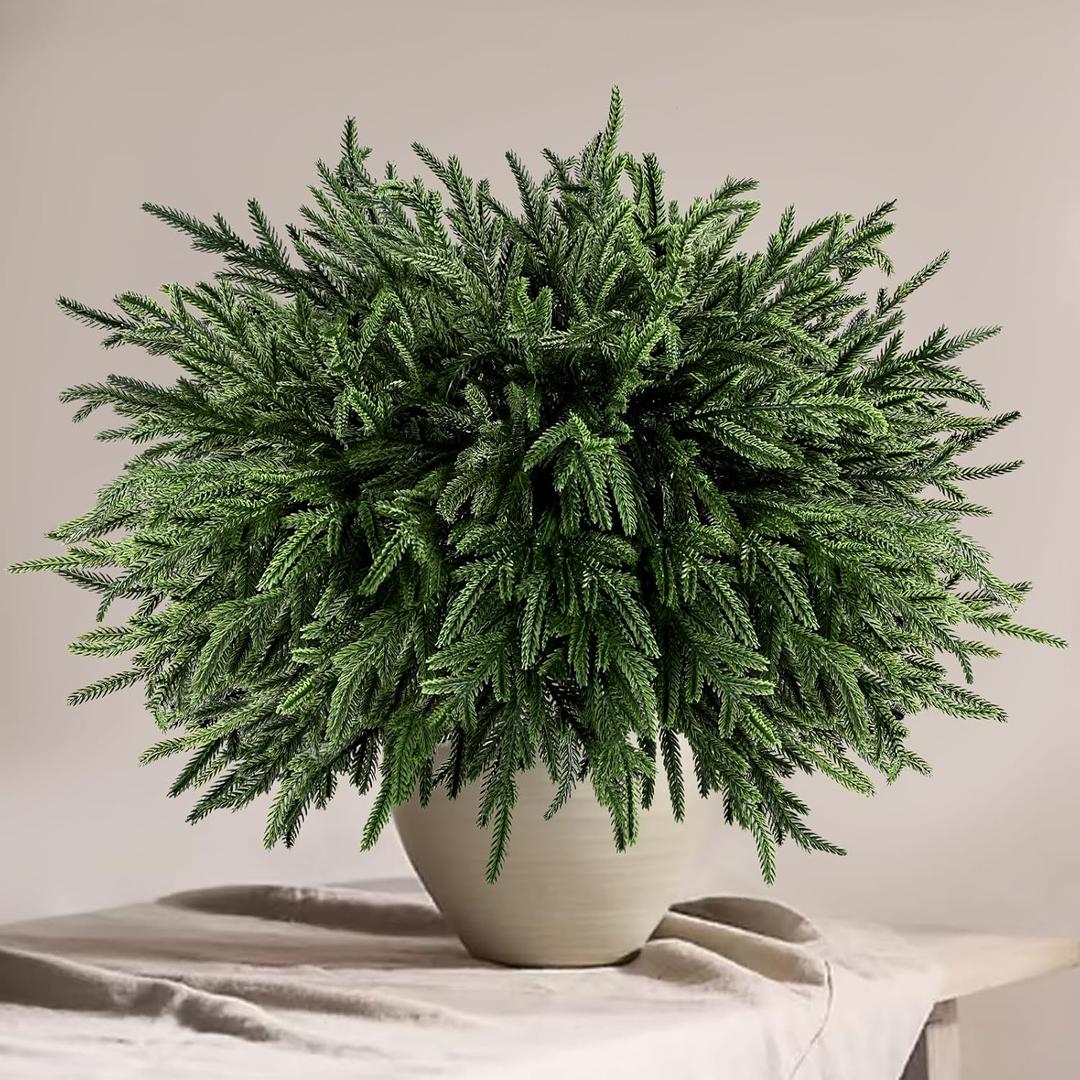 JOICEE 16 Pcs Real Touch Norfolk Pine Branches, 18" Christmas Artificial Green Plants Branch Faux Cedar Stem Fake Greenery Pine Picks for Vase DIY Crafts Garland Wreath Christmas Indoor Outdoor Decor