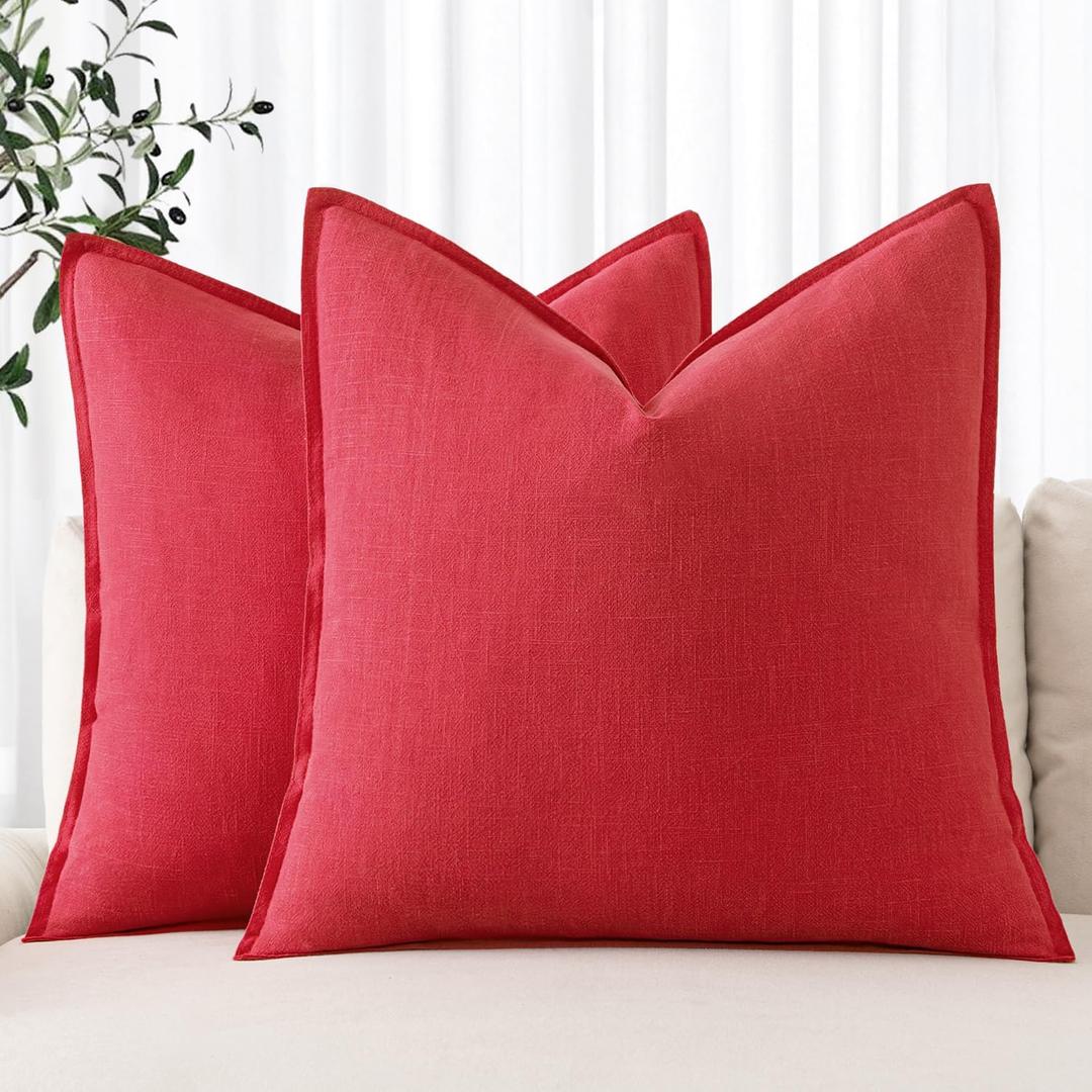 MIULEE Decorative Linen Euro Sham Pillow Covers 24x24 Red Boho Farmhouse Neutral Couch Throw Pillows for Bed Pack of 2 Accent Modern Pillowcase Sofa Livingroom Home Decor