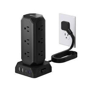 Power Strip Tower, SUPERDANNY 12 Outlets with 35W USB(2 USB-A & 2 USB-C) Charging Station, 1625W/13A, 1700J Surge Protector, 6.5ft Flat Plug Extension Cord with Multiple Outlets for Home, Office, Dorm, Black