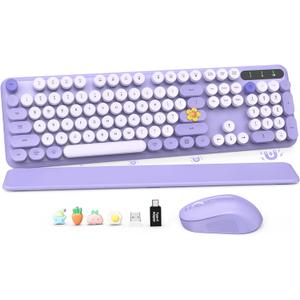 Wireless Keyboard and Mouse Combo, Cute Round Keycaps, Full-Size Retro Typewriter Keyboard with Detachable Wrist Rest, 2.4GHz Cordless Connection for Mac/Windows/PC/Laptop (Purple-Colorful)