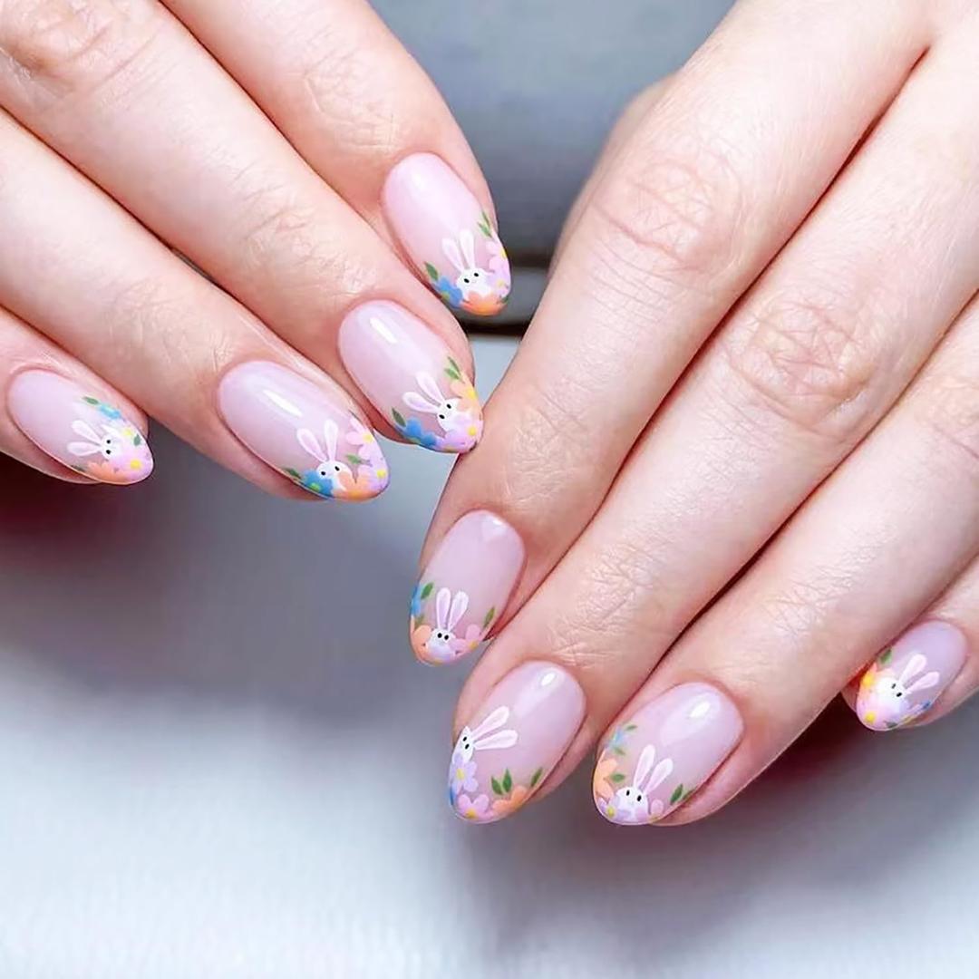  24 Pcs Easter Press on Nails Short Almond Spring Flower Fake Nails Cute Rabbit False Nails Full Cover Glue on Nails Multi Color Floral Artificial Nails for Women Girl Nail Design Decoration : Beauty & Personal Care