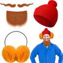 3 Pcs Prospector Costume Accessories Winter Red Beanie Hat Yellow Ear Warmers Beard for Halloween Christmas Cosplay Dress Up