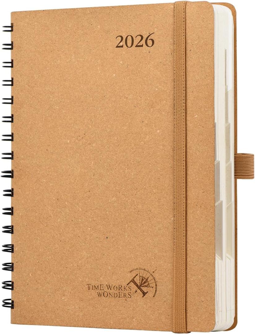 POPRUN 2026 Daily Planner One Page A Day - [5.75" x 8.5"-100% Recycled Materials Spiral Soft Cover] - 2026 Agenda with Monthly Calendar, Folded Inner Pocket - Desert Brown