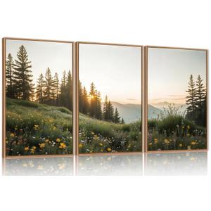 FWIEXA Green Forest Mountain Framed Canvas Wall Art Set, Wildflower Meadow Wall Decor, Floral Pictures Artwork, Nature Sunset Landscape Art Prints for Living Room, Bedroom, Office - Size 24"x36"x3