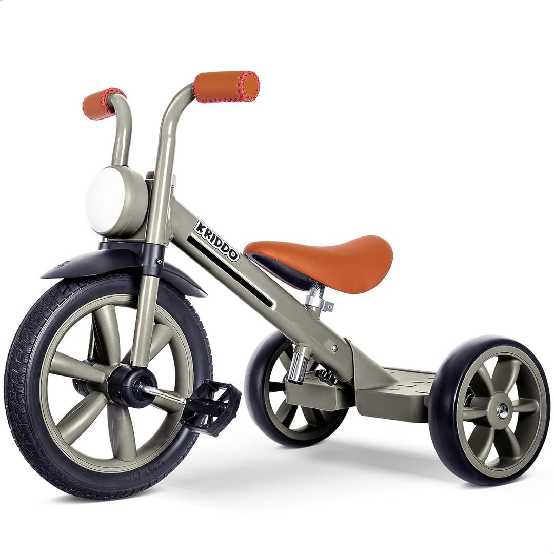 KRIDDO Kids Tricycles Age 2 Years to 5 Years, 12 Inch Puncture Free Rubber Wheel w Front Light, Kids Trike for 2.5 to 5 Year Old, Gift Toddler Tricycles for 2-5 Year Olds, Trikes for Toddlers, Grey