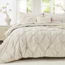 Sasttie King Size Comforter Set, 7-Piece Bed in a Bag, Pintuck Bedding Set for All Season, Includes Comforter, Flat Sheet, Fitted Sheet, Pillowcases and Pillowshams, Beige