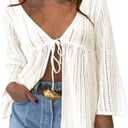 Saodimallsu Womens Summer Lightweight Tie Front Cardigans Crochet Knit Long Bell Sleeve Casual V Neck Beach Cover Ups, XL