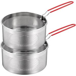 Pasta Strainer Set of 2, Stainless Steel Noodle strainer with Removable Handle Metal Pasta Strainer Basket Deep Fryer Basket, Kitchen Colander for Washing Draining Deep-frying Boiling Steaming(20cm)