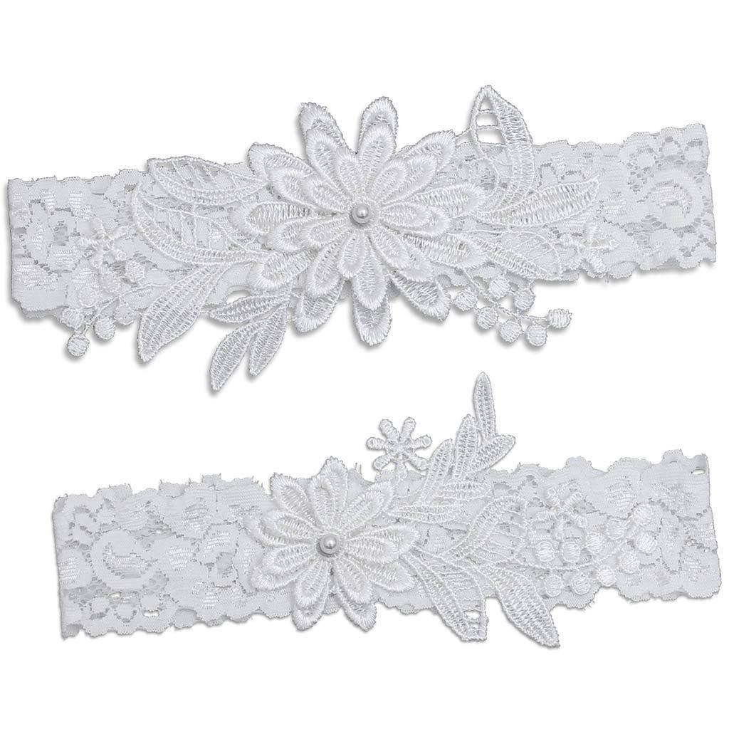 IMOMOTO Wedding Garters for Bride, Blue White Bridal Lace Garter Set with Pearl.