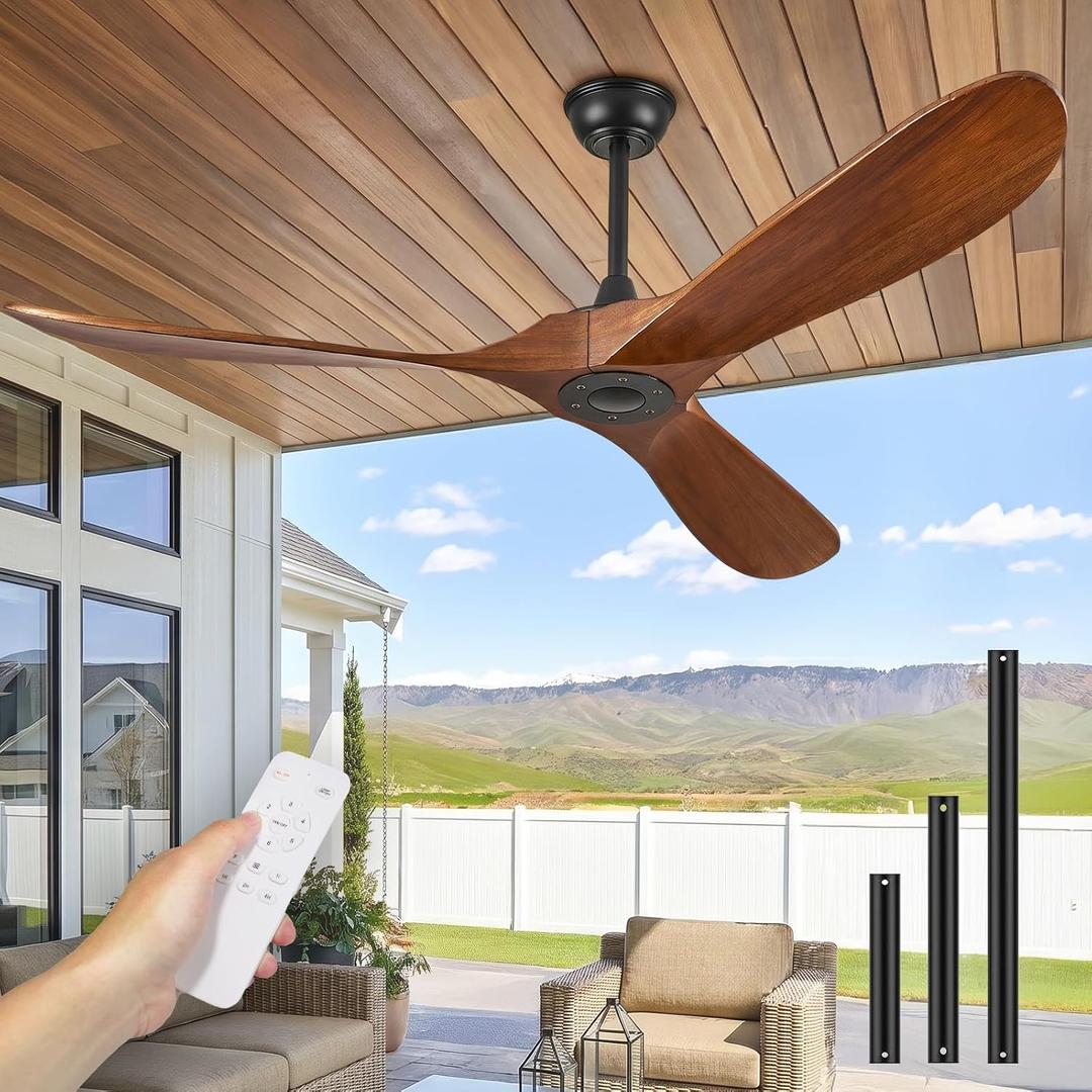 Obabala 52 Inch Ceiling Fan No Light, Wood Indoor Outdoor Ceiling Fans Without Lights, Modern Propeller Exterior 3 Blade Wooden Fan for Patios Bedroom Living Room Porch(Walnut)