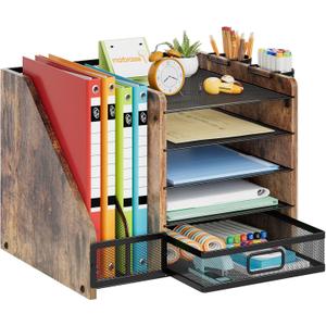 Marbrasse Desk Organizer with File Holder, 5-Tier Paper Letter Tray Organizer with Drawer and 2 Pen Holder, Mesh Desktop Organizer and Storage with Magazine Holder for Office Supplies (Wood-Brown)