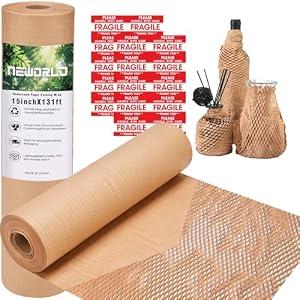 2 x Neworld Honeycomb Packing Paper,15" x 131' Eco Friendly Bubble Cushioning Wrap for Moving,Products & Gifts Wrapping Paper,Recyclable Cushioning Packing Material With 20 Fragile Sticker Labels