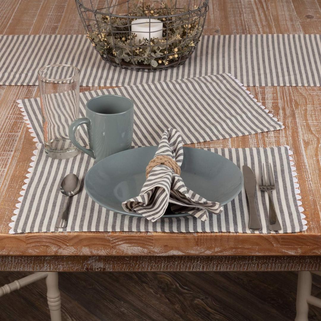 Piper Classics Farmhouse Ticking Stripe Gray Placemats w Rickrack, Set of 4 Place Mats, 12" x 18", Farmhouse Style Kitchen & Dining Decor