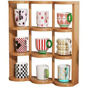 Wooden Coffee Mug Display Rack, Countertop Freestanding Grid Vintage Coffee Cup Display Stand, Rustic Coffee Mug Holder Organizer for Kitchen, Coffee Station,9 Grid