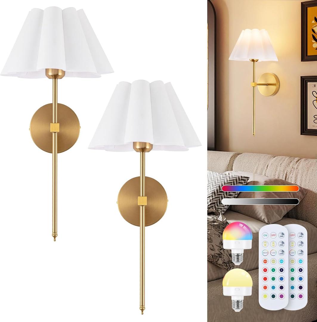 Battery Operated Wall Sconces Sets of 2, Indoor not Hardwired White Fabric lampshade Fixtures,Rechargeable Wireless 10 Colors Wall Lights with Dimmable Remote Control (20 inches)