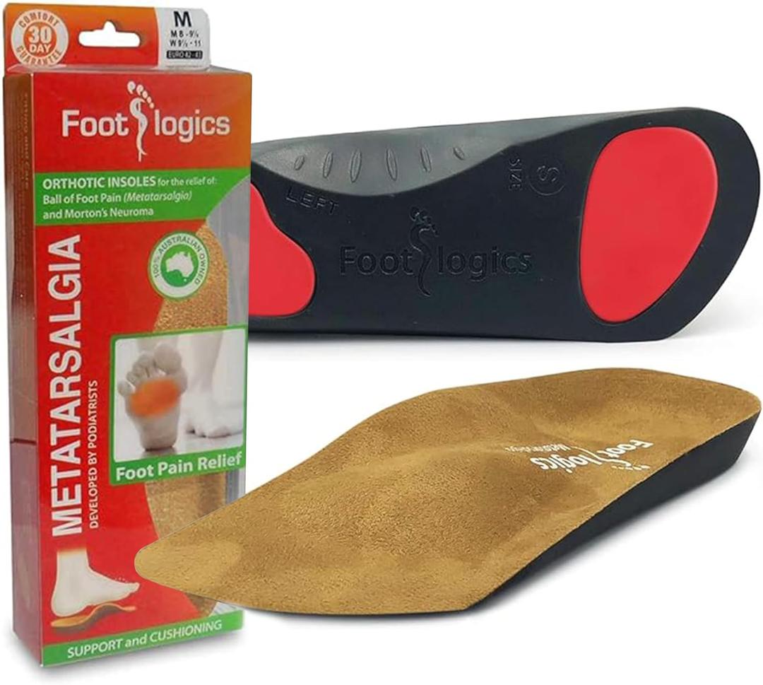 Footlogics 3/4 Length Orthotic Shoe Insoles with Built-in Raise for Ball of Foot Pain, Mortons Neuroma, Flat Feet - Metatarsalgia (S (Men's 6-7.5, Women's 7.5-9))