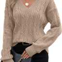 SHEWIN Womens Sweaters Casual V Neck Long Sleeve Cable Knit Crochet Sweater Spring Outfits for Women 2026 (Large, Khaki)