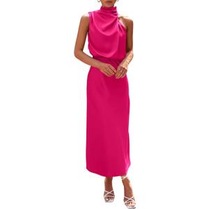 PRETTYGARDEN Women's 2026 Summer Satin Dress Elegant Sleeveless Mock Neck Cocktail Party Maxi Dresses, Medium