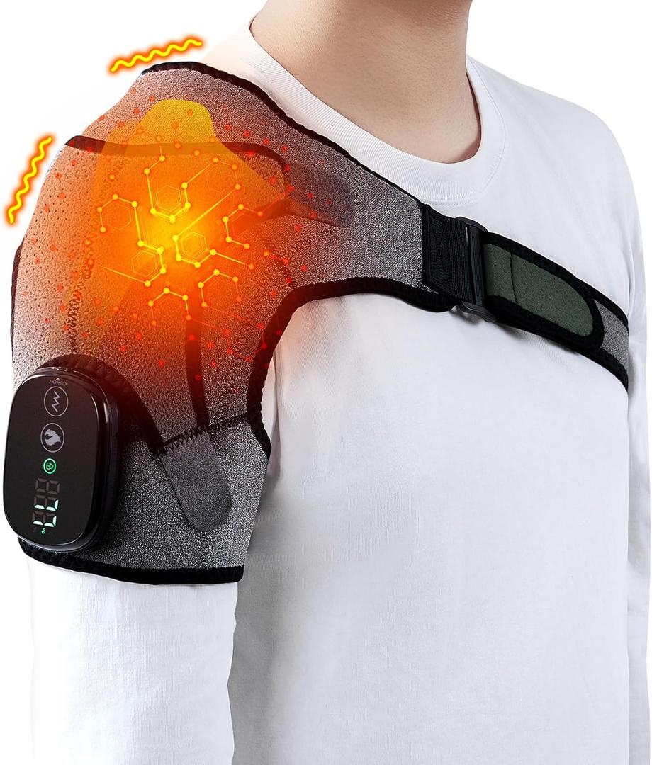 Cordless Shoulder Heating Pad with Massage, Electric Heated Shoulder Wrap with 3 Vibration & 3 Heat, Heating Pads for Rotator Cuff and Frozen Pain Relief,5000mAh Chargeable Powered,Men&Women