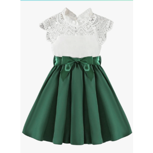 WDIRARA Toddler Girl's Lace Mock Neck Cap Sleeve Dress Belted A Line Flared Dresses Green 5Y