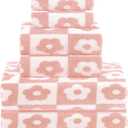 Kinlop 6 Pcs Checkered Bath Towels Set Coral Washcloth Soft Fleece Quick Dry Patterned Hand Towel for Bathroom Back to School Gym Spa Beach Accessories(Pink,Flower)