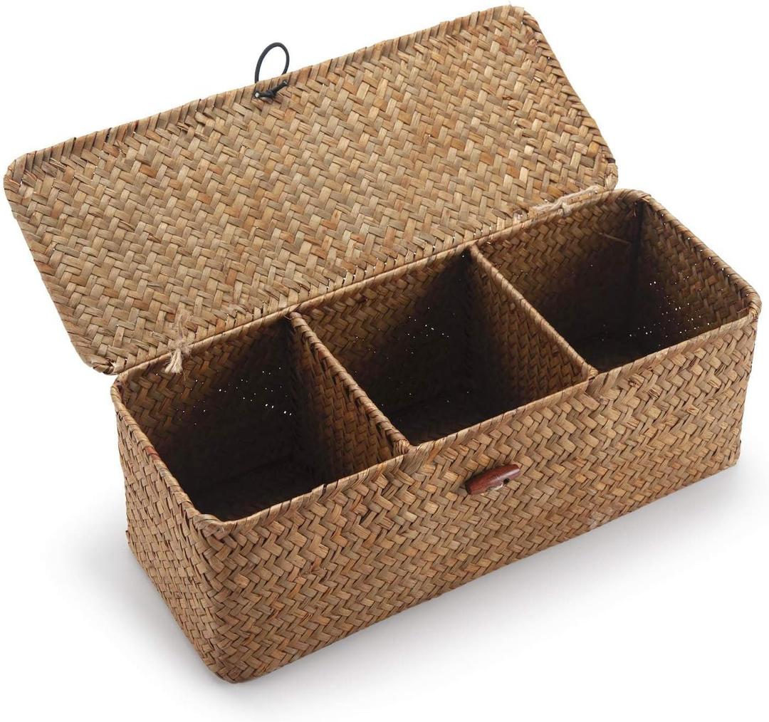 Seagrass Storage Basket for Bathroom - Toilet Tank with Lid, Wicker Woven Narrow Basket for Organizing (13" x 5" x 4.3")