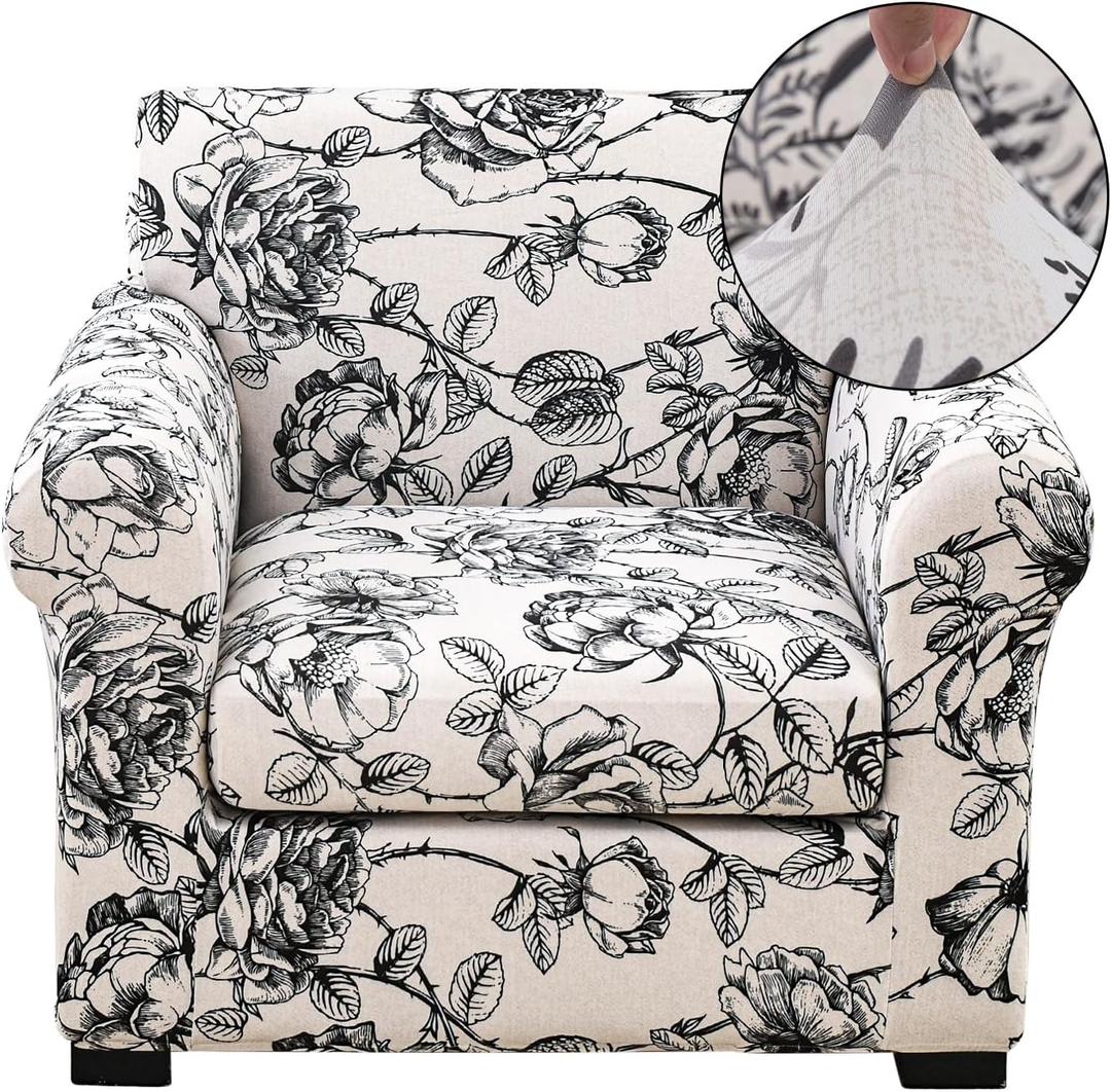 FUANGUI 2 Piece Chair Covers Stretch Arm Covers Chair Couch Covers, Armchair Slipcover with Separate Chair Cushion Cover Floral, Washable Furniture Protector for Living Room (Armchair, Ink Flower) (Small)