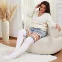 Plus Size Thigh High Socks for Women Thick Thighs Cotton Knit Extra Long Over the Knee Leg Warmer (White & Rainbow Stripe)