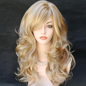 RightOn 21" Stylish Long Curly Wavy Blonde Hair Wig with Bangs Party Perruque Halloween Cosplay Party Costume Wig Brown Mix Blonde